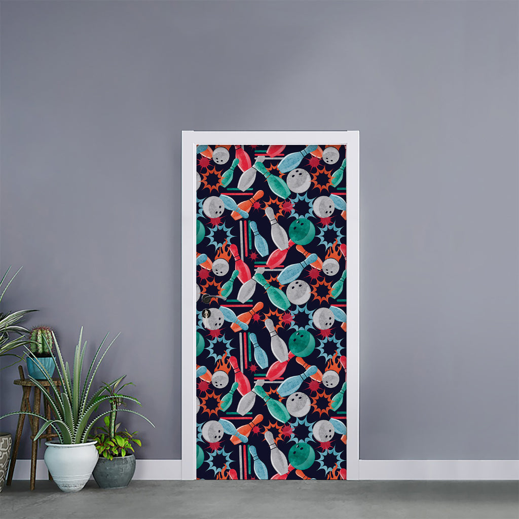 Watercolor Bowling Theme Pattern Print Door Sticker