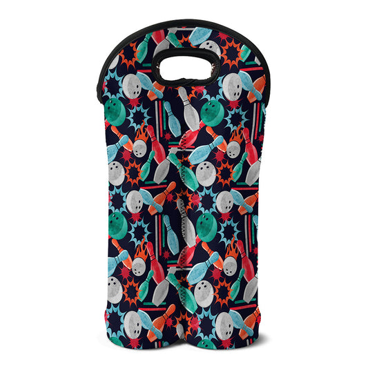 Watercolor Bowling Theme Pattern Print Double Neoprene Wine Tote