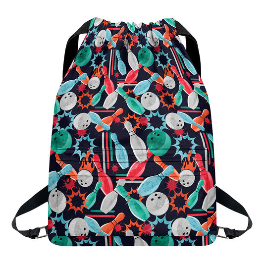 Watercolor Bowling Theme Pattern Print Drawstring Backpack