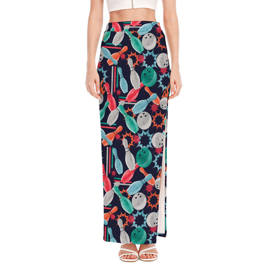 Watercolor Bowling Theme Pattern Print High Slit Maxi Skirt