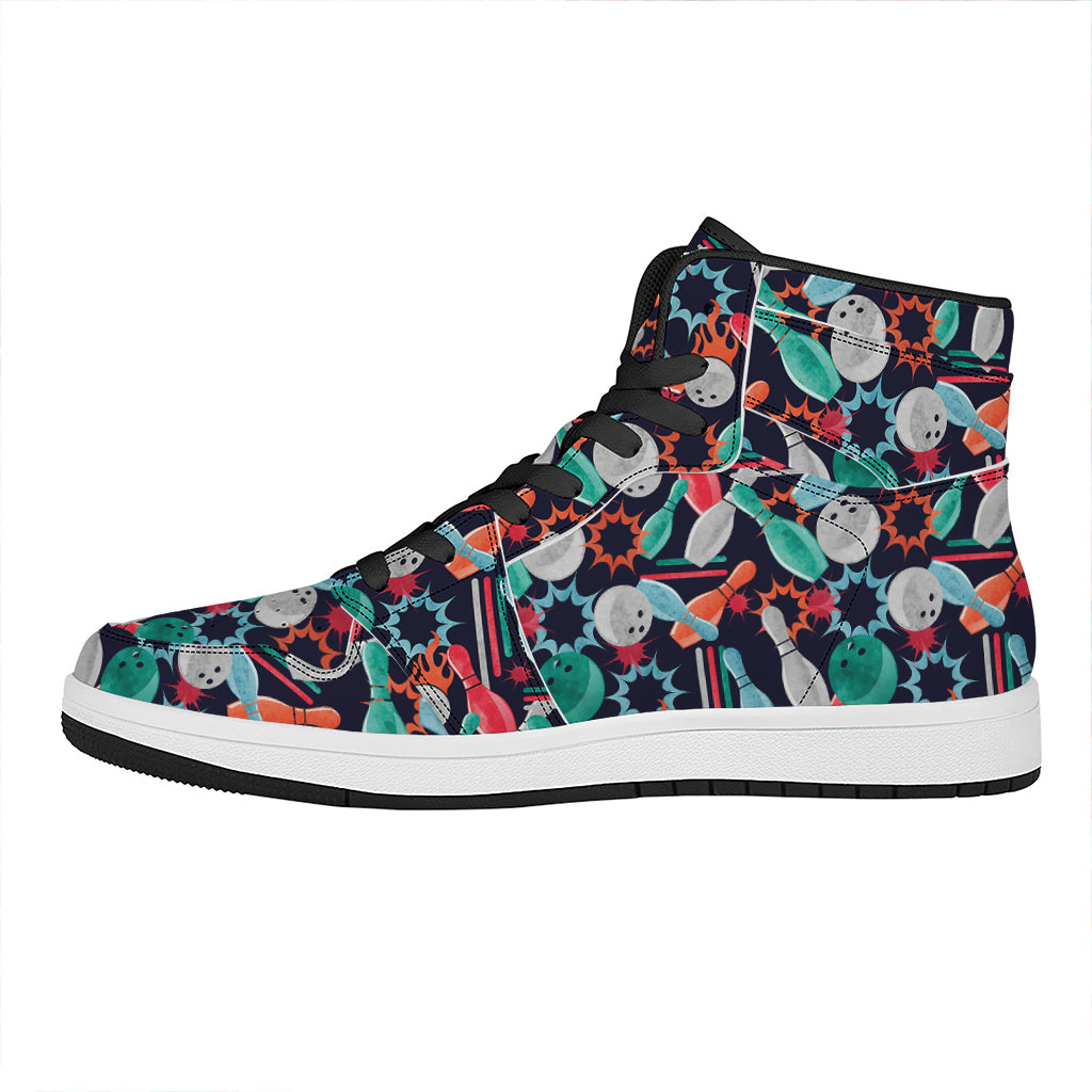 Watercolor Bowling Theme Pattern Print High Top Leather Sneakers