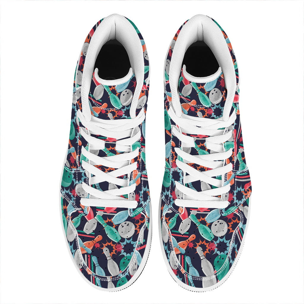 Watercolor Bowling Theme Pattern Print High Top Leather Sneakers