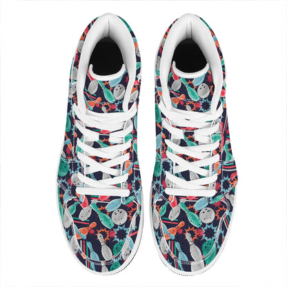 Watercolor Bowling Theme Pattern Print High Top Leather Sneakers