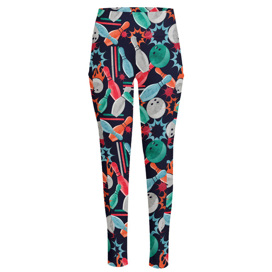 Watercolor Bowling Theme Pattern Print High-Waisted Pocket Leggings