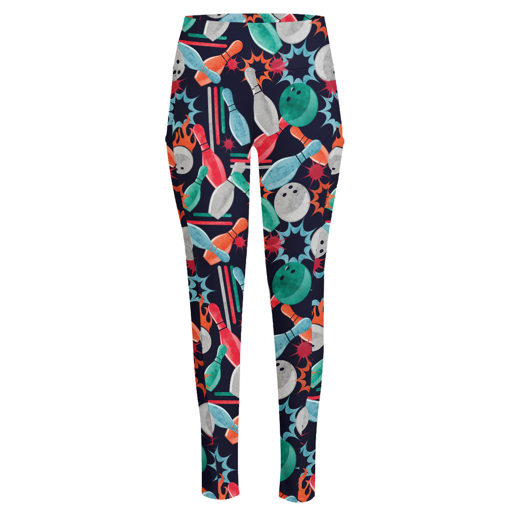 Watercolor Bowling Theme Pattern Print High-Waisted Pocket Leggings