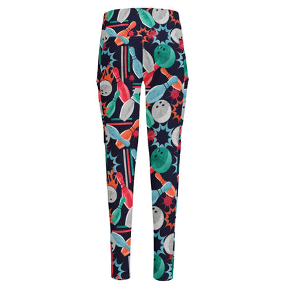 Watercolor Bowling Theme Pattern Print High-Waisted Pocket Leggings