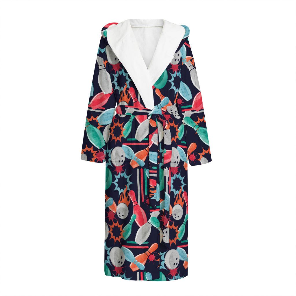 Watercolor Bowling Theme Pattern Print Hooded Bathrobe