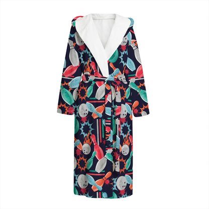 Watercolor Bowling Theme Pattern Print Hooded Bathrobe