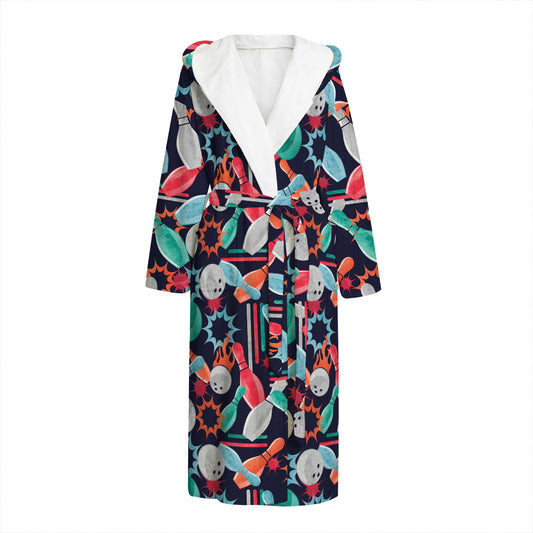 Watercolor Bowling Theme Pattern Print Hooded Bathrobe