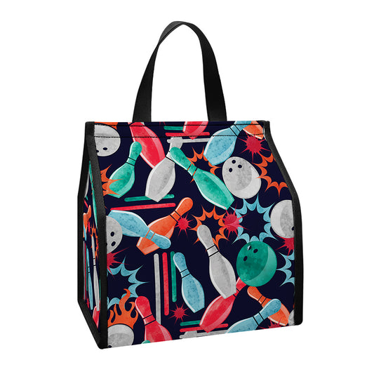 Watercolor Bowling Theme Pattern Print Insulated Lunch Tote