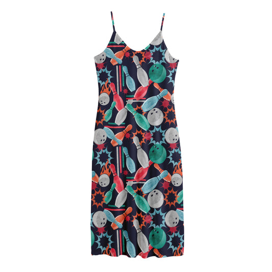 Watercolor Bowling Theme Pattern Print Jersey Midi Cami Dress