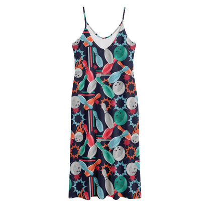Watercolor Bowling Theme Pattern Print Jersey Midi Cami Dress