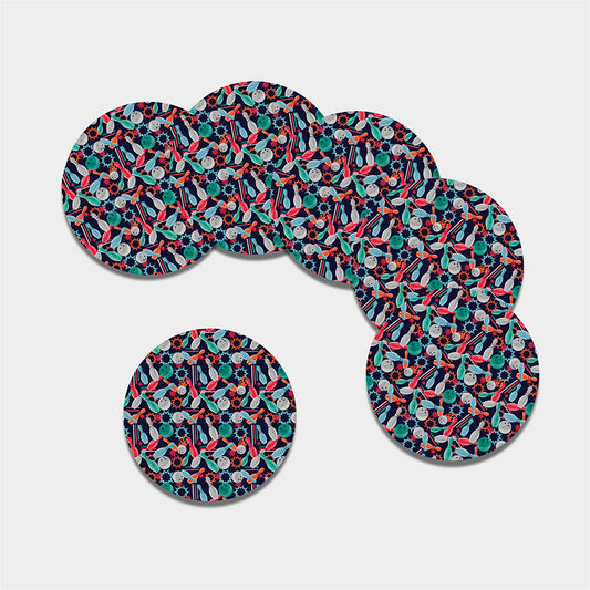 Watercolor Bowling Theme Pattern Print Leather Coaster Set