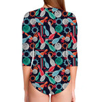 Watercolor Bowling Theme Pattern Print Long Sleeve Swimsuit