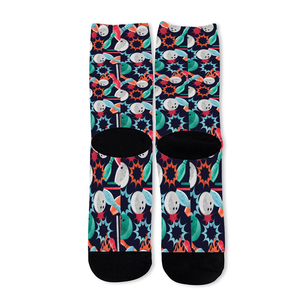 Watercolor Bowling Theme Pattern Print Long Socks
