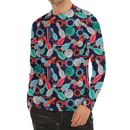 Watercolor Bowling Theme Pattern Print Men's Long Sleeve Rash Guard