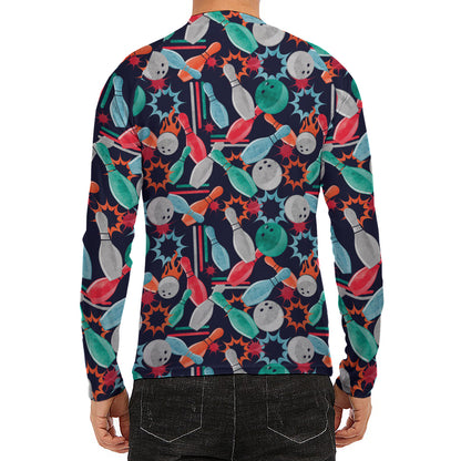 Watercolor Bowling Theme Pattern Print Men's Long Sleeve Rash Guard