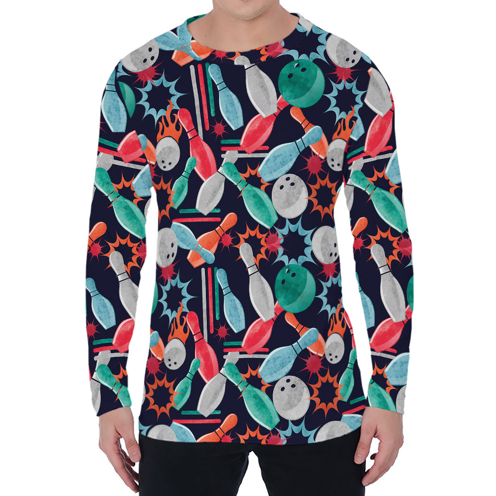 Watercolor Bowling Theme Pattern Print Men's Long Sleeve T-Shirt