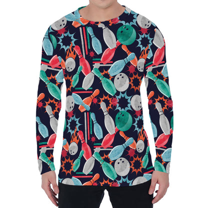 Watercolor Bowling Theme Pattern Print Men's Long Sleeve T-Shirt