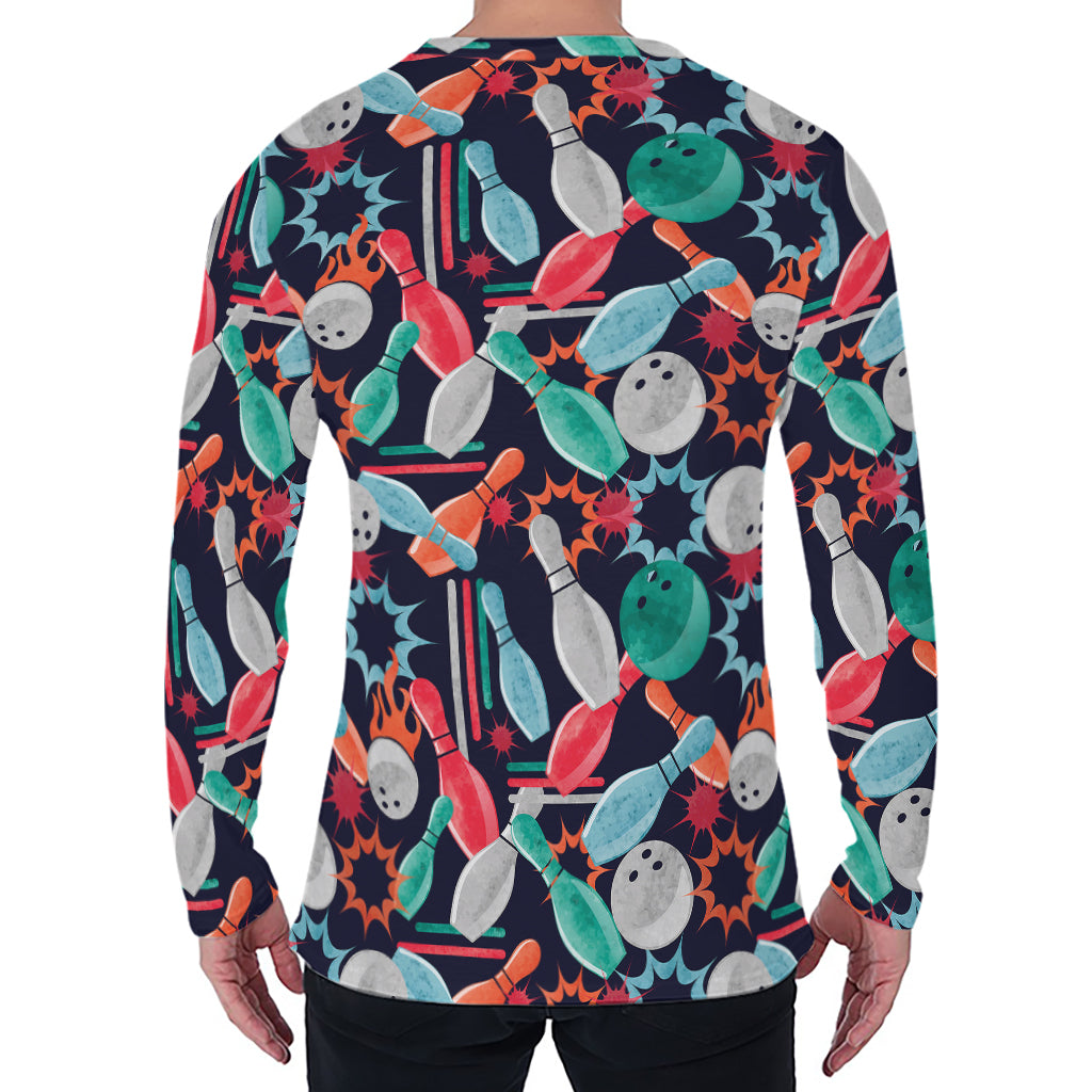 Watercolor Bowling Theme Pattern Print Men's Long Sleeve T-Shirt