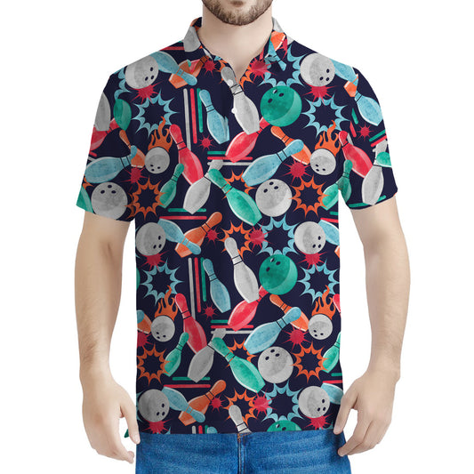 Watercolor Bowling Theme Pattern Print Men's Polo Shirt