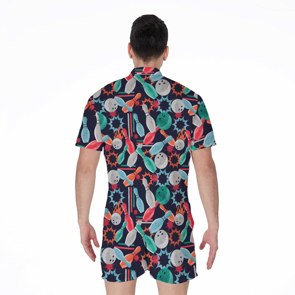 Watercolor Bowling Theme Pattern Print Men's Rompers