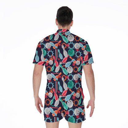 Watercolor Bowling Theme Pattern Print Men's Rompers