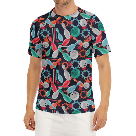 Watercolor Bowling Theme Pattern Print Men's Short Sleeve Rash Guard