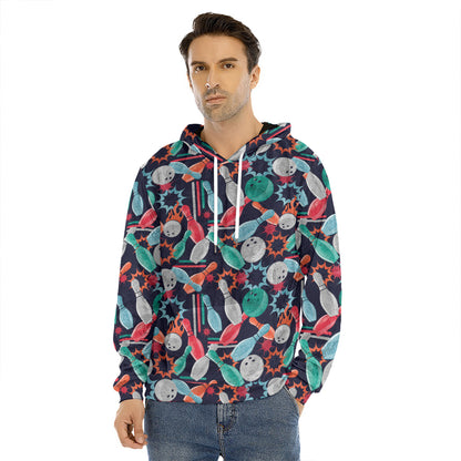 Watercolor Bowling Theme Pattern Print Men's Velvet Pullover Hoodie