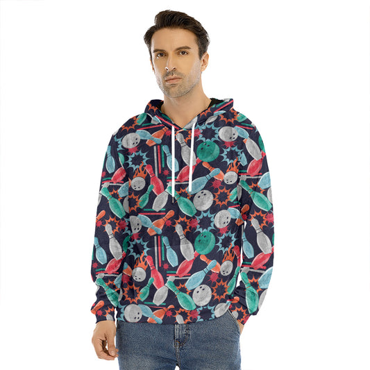 Watercolor Bowling Theme Pattern Print Men's Velvet Pullover Hoodie