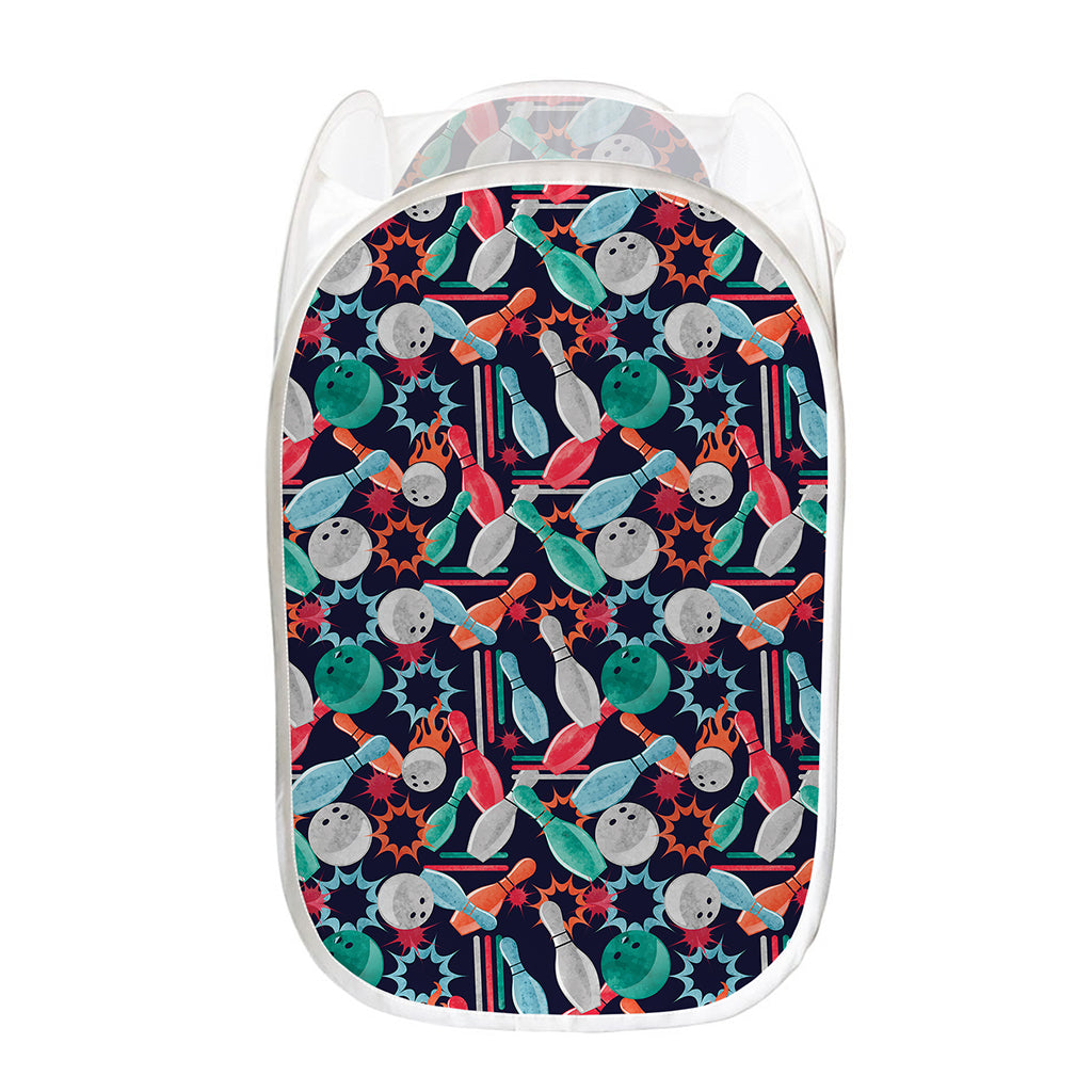 Watercolor Bowling Theme Pattern Print Mesh Laundry Hamper