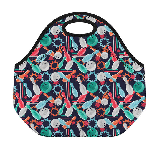 Watercolor Bowling Theme Pattern Print Neoprene Lunch Bag