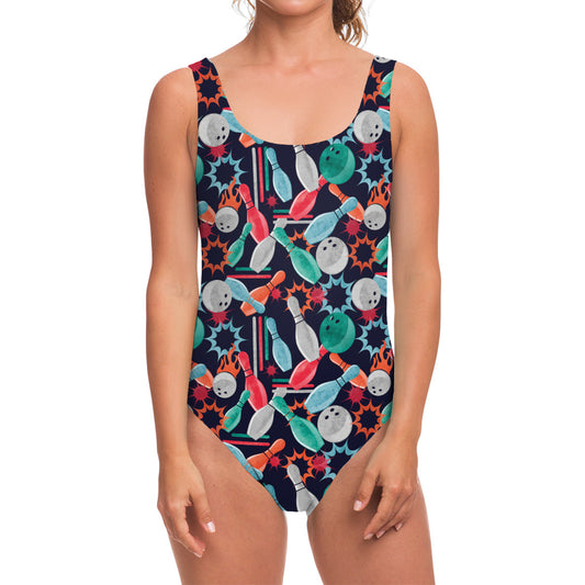 Watercolor Bowling Theme Pattern Print One Piece Swimsuit
