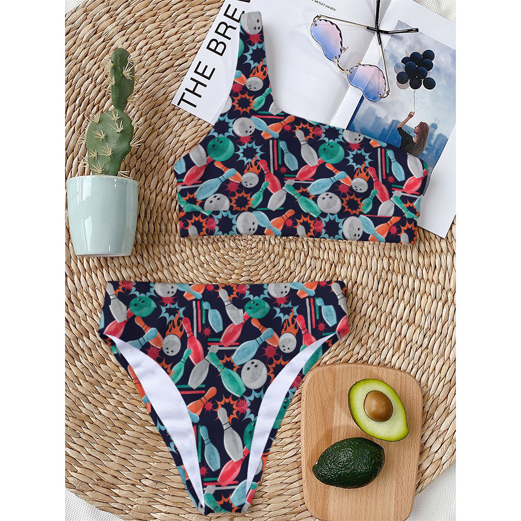 Watercolor Bowling Theme Pattern Print One Shoulder Bikini Top