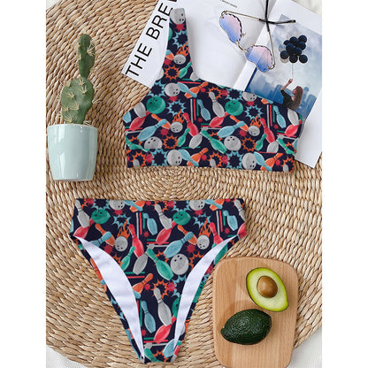 Watercolor Bowling Theme Pattern Print One Shoulder Bikini Top