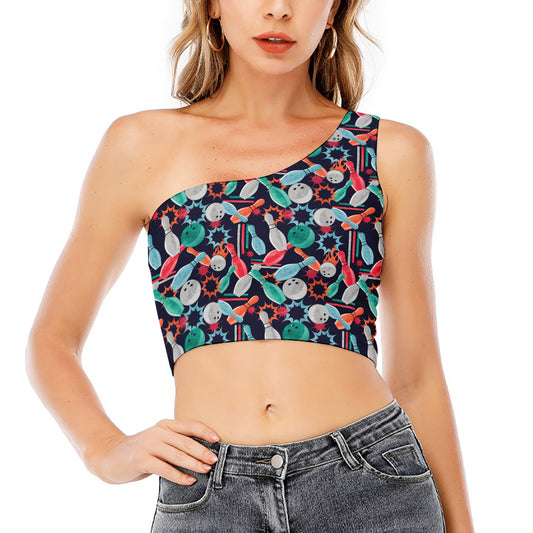 Watercolor Bowling Theme Pattern Print One Shoulder Crop Top