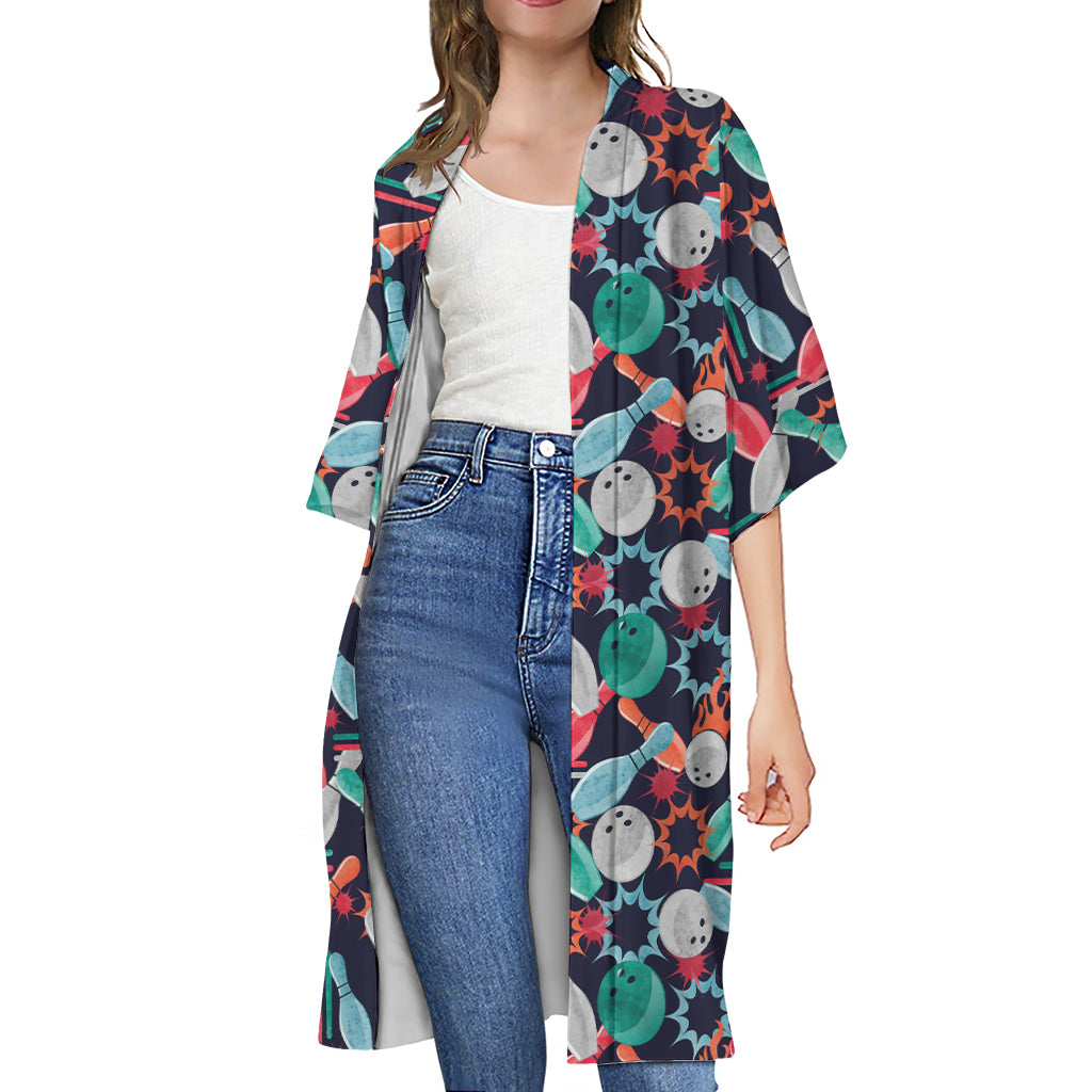 Watercolor Bowling Theme Pattern Print Open Front Beach Cover Up