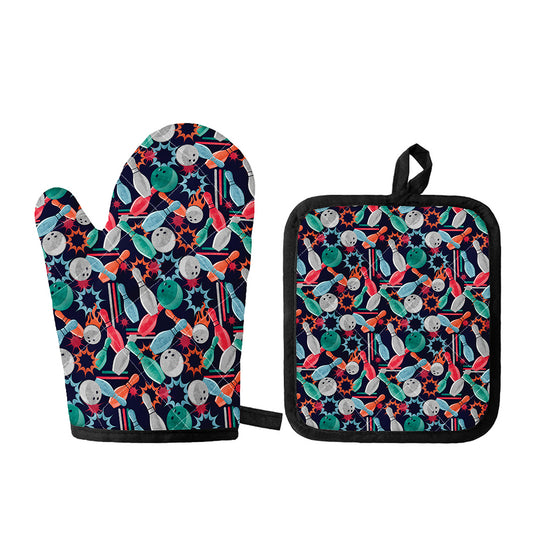 Watercolor Bowling Theme Pattern Print Oven Mitt And Pot Holder Set