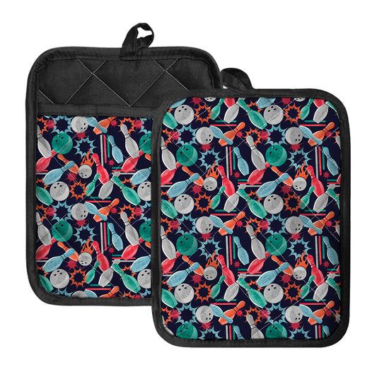 Watercolor Bowling Theme Pattern Print Pot Holders With Pocket