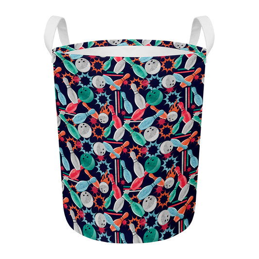 Watercolor Bowling Theme Pattern Print Round Laundry Basket