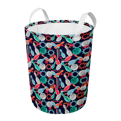 Watercolor Bowling Theme Pattern Print Round Laundry Basket