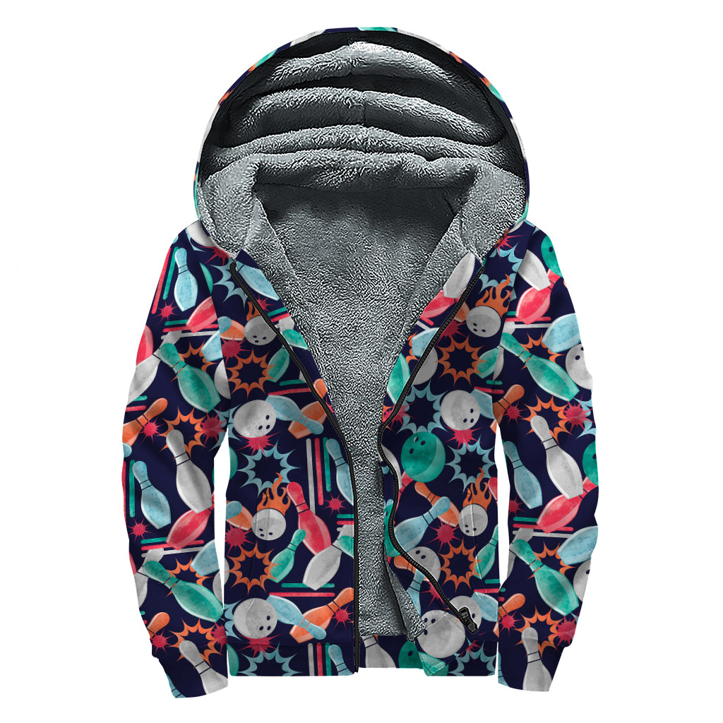 Watercolor Bowling Theme Pattern Print Sherpa Lined Zip Up Hoodie