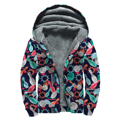 Watercolor Bowling Theme Pattern Print Sherpa Lined Zip Up Hoodie