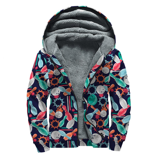 Watercolor Bowling Theme Pattern Print Sherpa Lined Zip Up Hoodie
