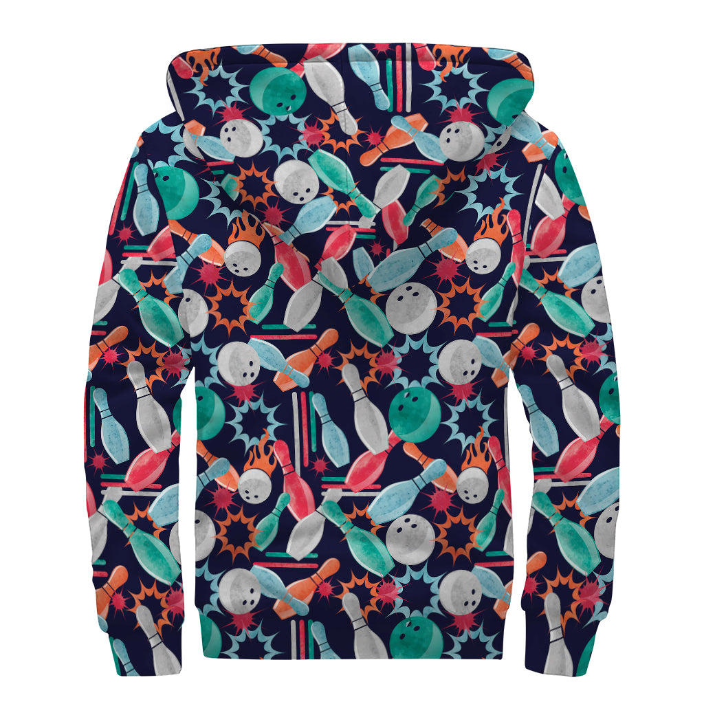 Watercolor Bowling Theme Pattern Print Sherpa Lined Zip Up Hoodie