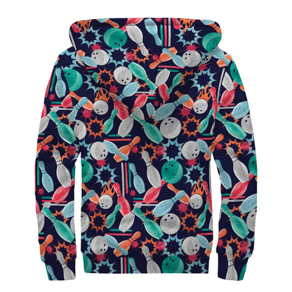 Watercolor Bowling Theme Pattern Print Sherpa Lined Zip Up Hoodie