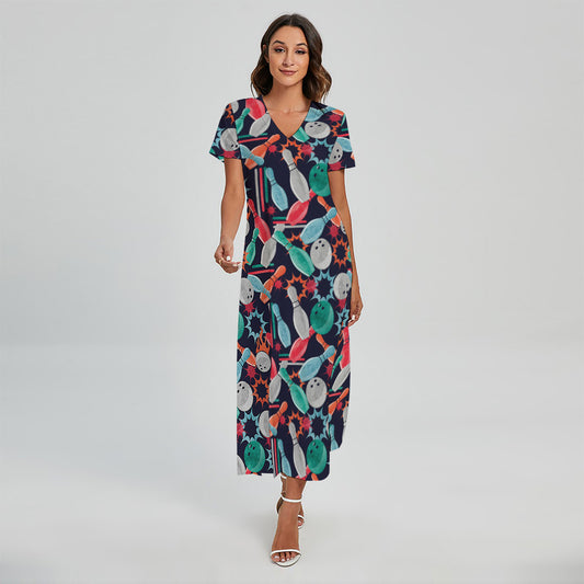 Watercolor Bowling Theme Pattern Print Short Sleeve Maxi Dress