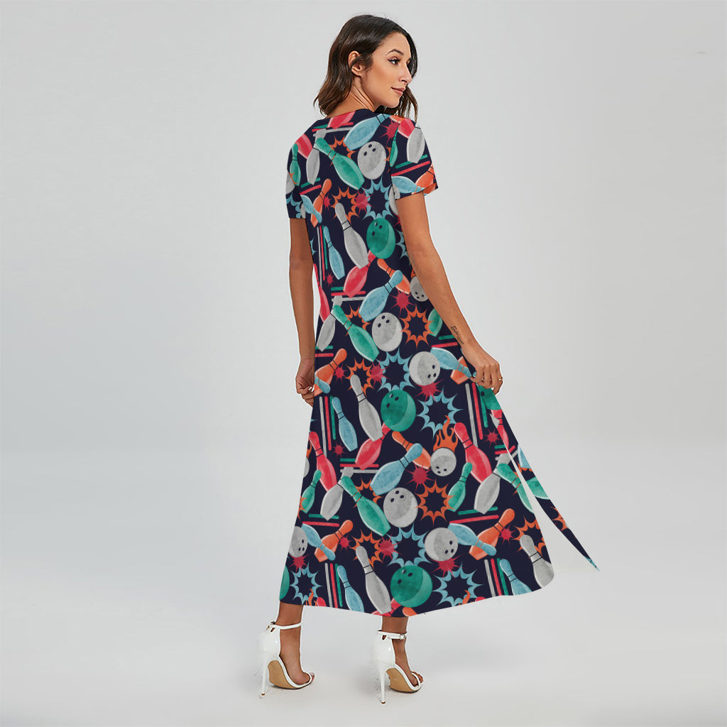 Watercolor Bowling Theme Pattern Print Short Sleeve Maxi Dress