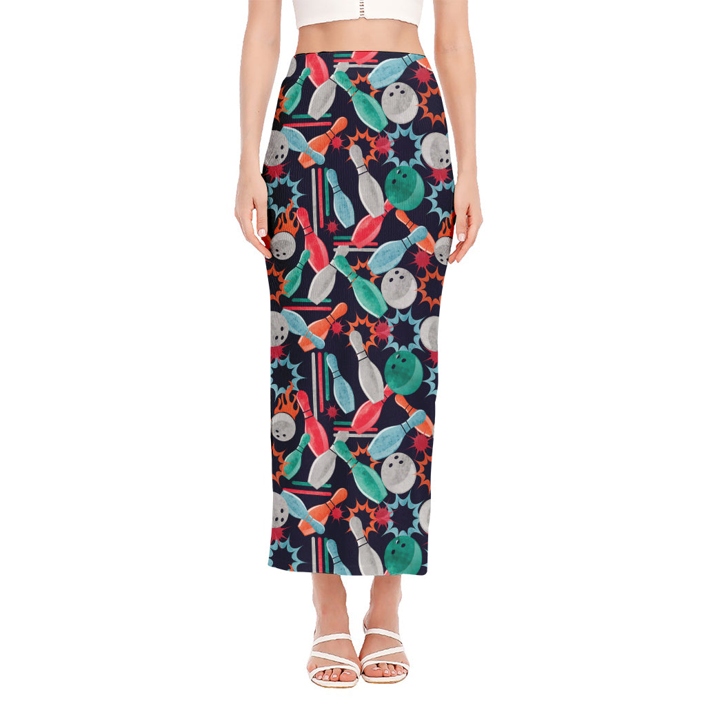 Watercolor Bowling Theme Pattern Print Side Slit Maxi Skirt
