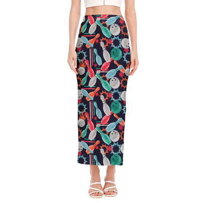 Watercolor Bowling Theme Pattern Print Side Slit Maxi Skirt